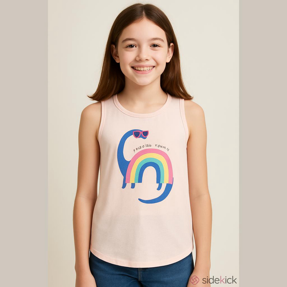 Rumi + Ryder girls light pink tank top rainbow dinosaur